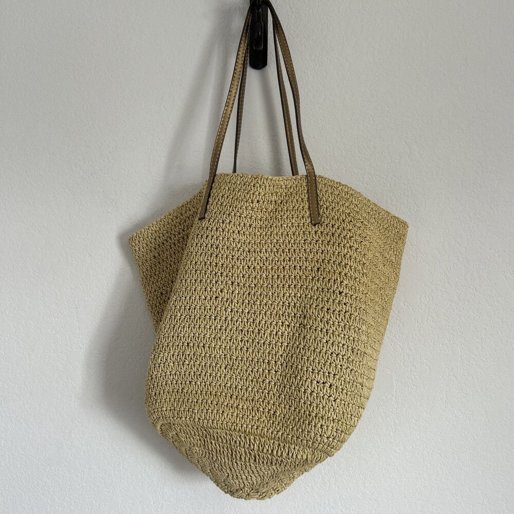 J.CREW Tote NWT Woven Straw Bag w Gold-Tone Leather Straps Beach Boho Festival